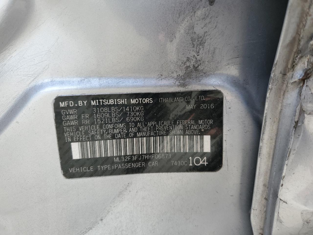 2017 Mitsubishi Mirage G4 Es VIN: ML32F3FJ7HHF06873 Lot: 52731585