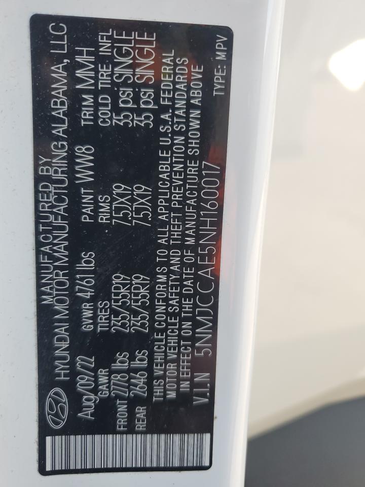 2022 Hyundai Tucson Sel VIN: 5NMJCCAE5NH160017 Lot: 52179635