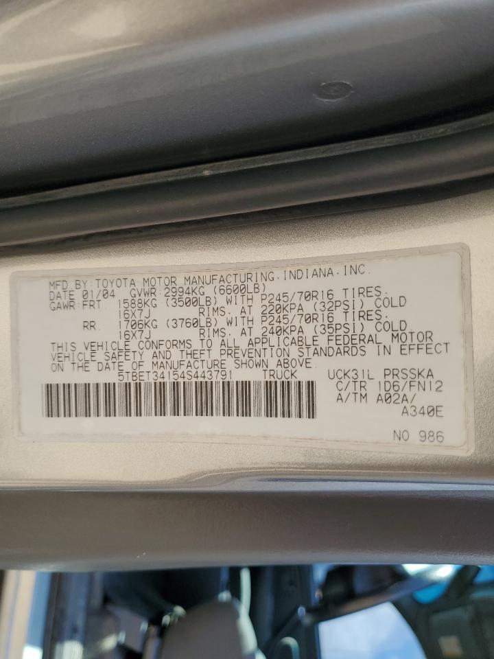 2004 Toyota Tundra Double Cab Sr5 VIN: 5TBET34154S443791 Lot: 54015465