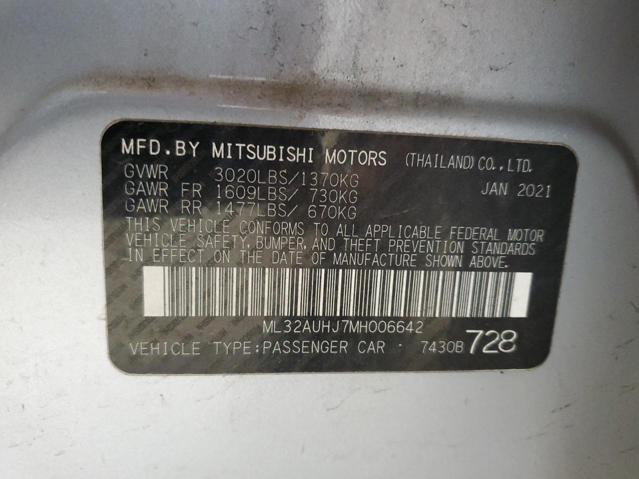 2021 Mitsubishi Mirage Es VIN: ML32AUHJ7MH006642 Lot: 53401525
