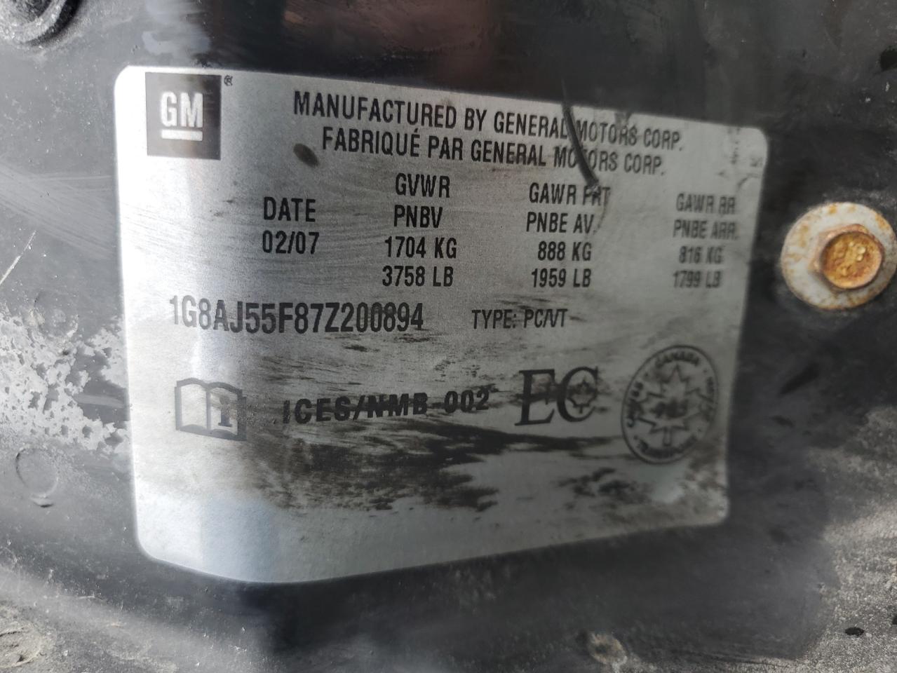 2007 Saturn Ion Level 2 VIN: 1G8AJ55F87Z200894 Lot: 53917525