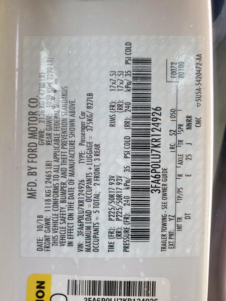 2019 Ford Fusion Se VIN: 3FA6P0LU7KR124926 Lot: 54041335