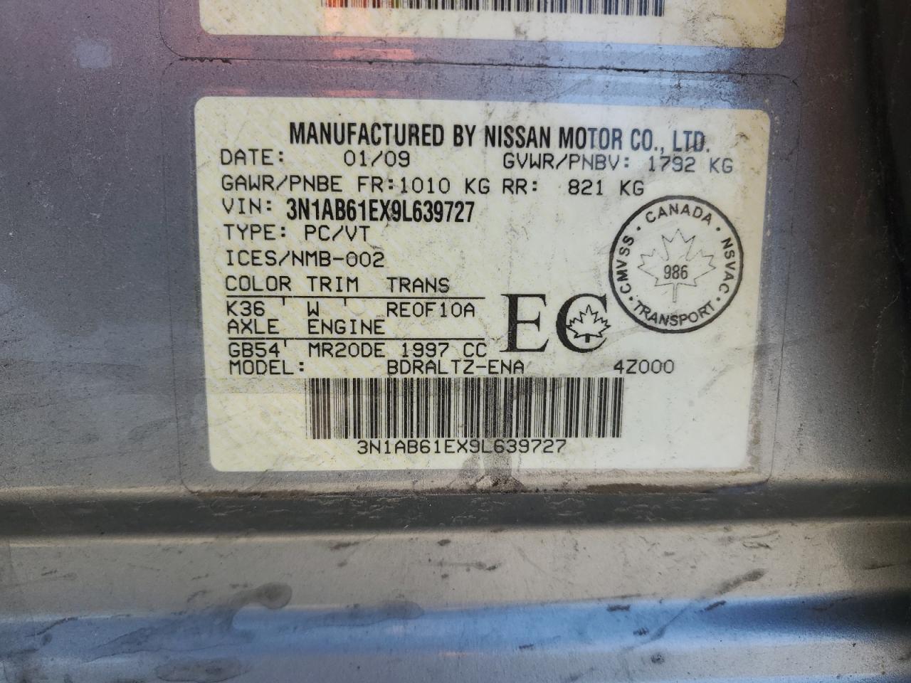 2009 Nissan Sentra 2.0 VIN: 3N1AB61EX9L639727 Lot: 54534535