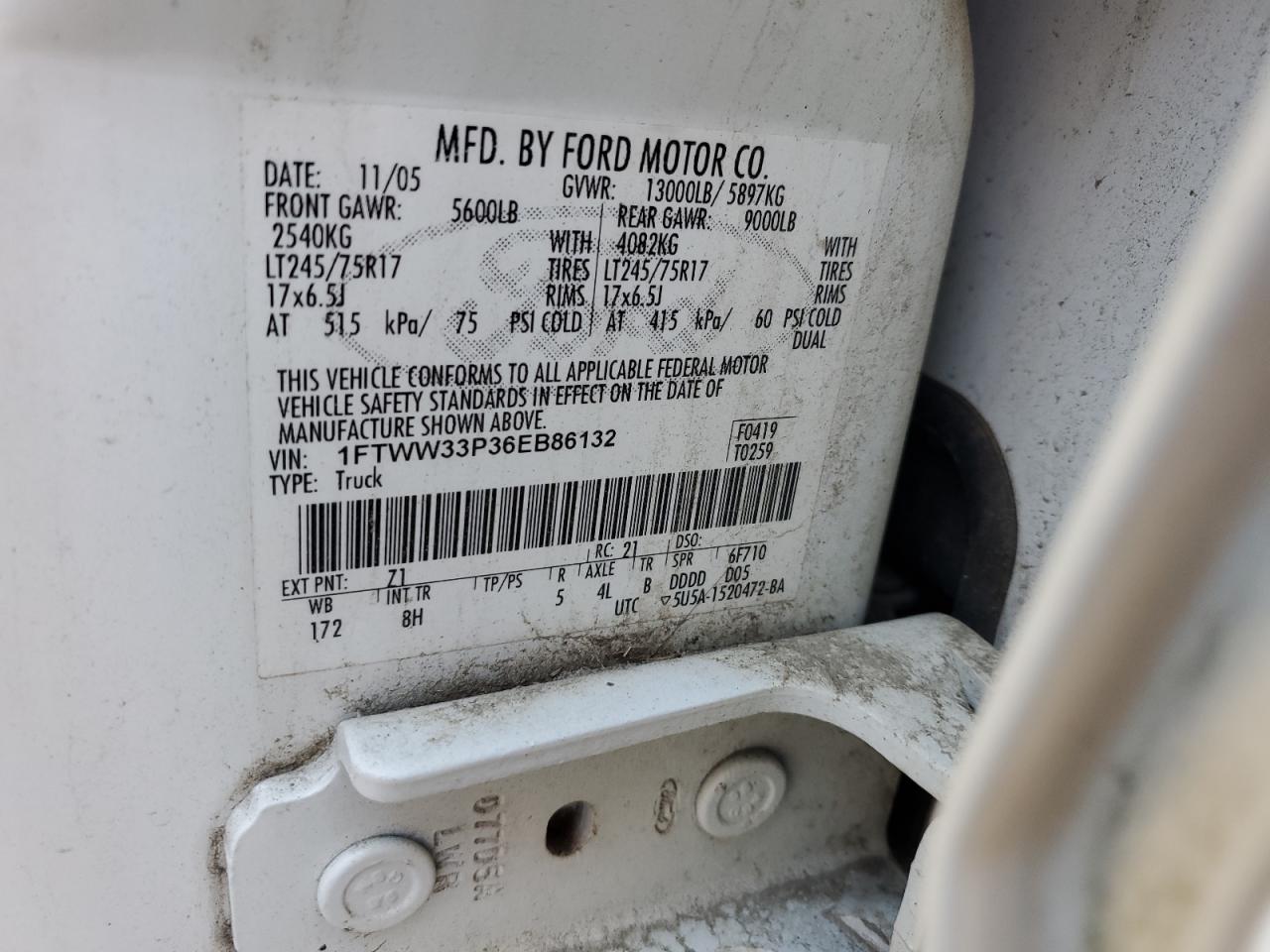 2006 Ford F350 Super Duty VIN: 1FTWW33P36EB86132 Lot: 52152815