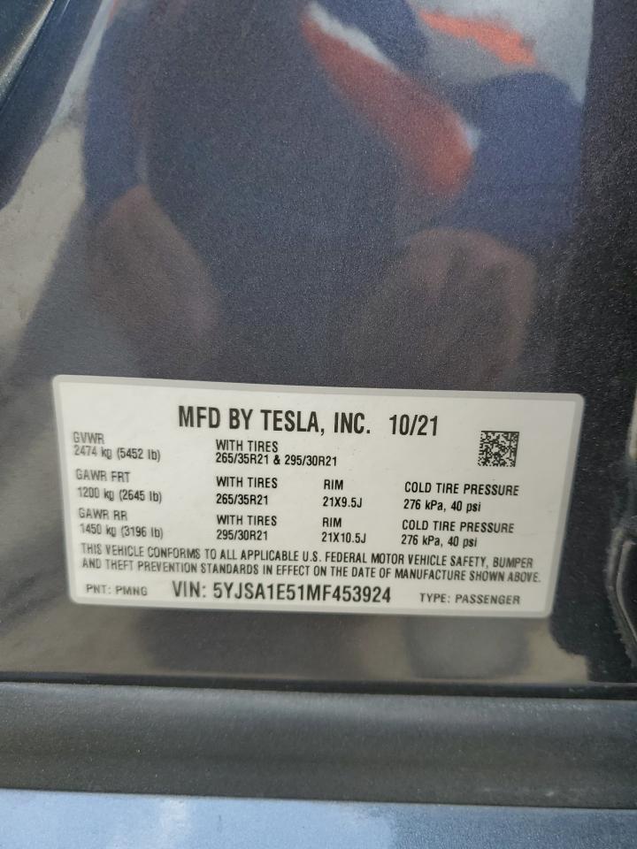 2021 Tesla Model S VIN: 5YJSA1E51MF453924 Lot: 53486495