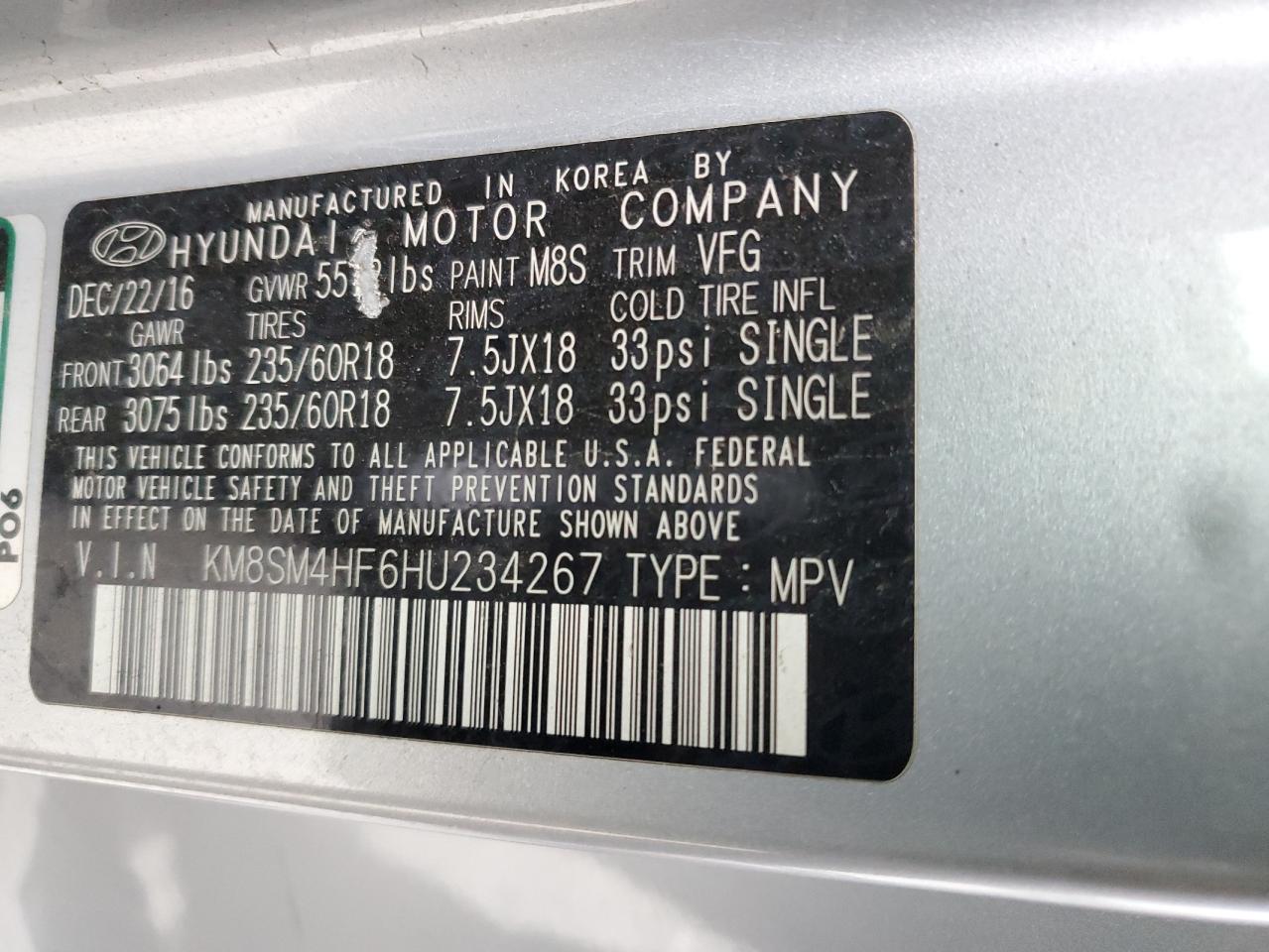 2017 Hyundai Santa Fe Se VIN: KM8SM4HF6HU234267 Lot: 55326065