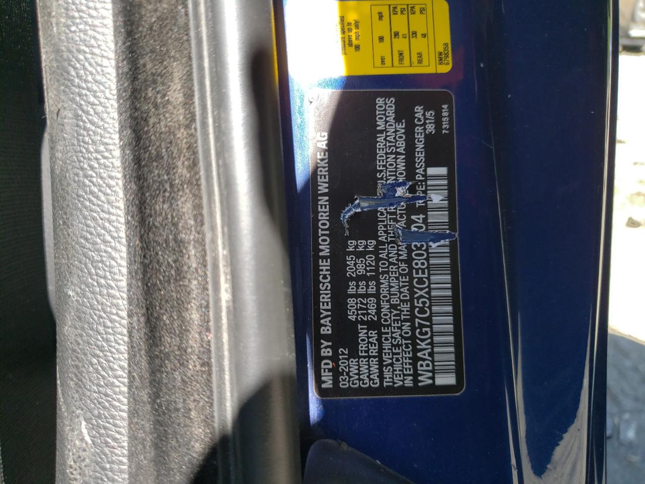 2012 BMW 335 I VIN: WBAKG7C5XCE803004 Lot: 50316765
