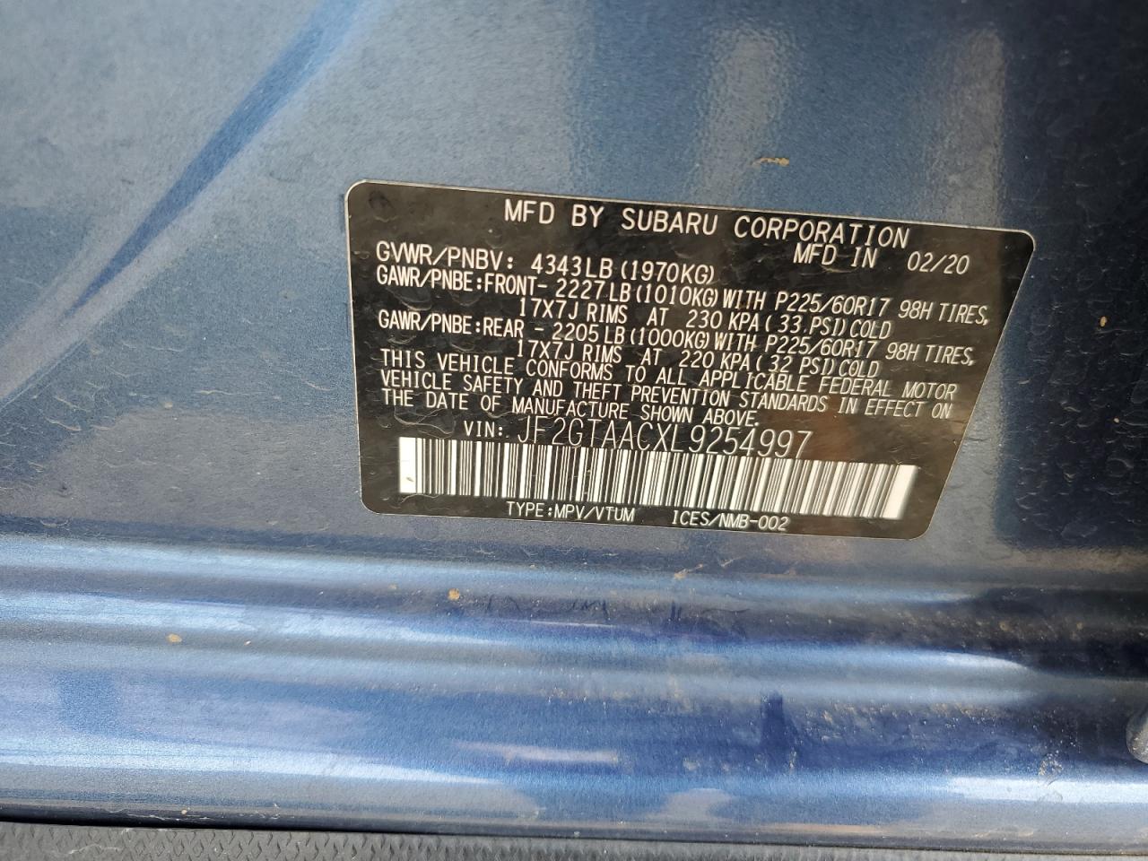 2020 Subaru Crosstrek VIN: JF2GTAACXL9254997 Lot: 52052655