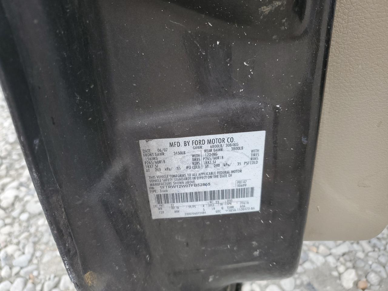 2007 Ford F150 Supercrew VIN: 1FTRW12W07FB52865 Lot: 54174865