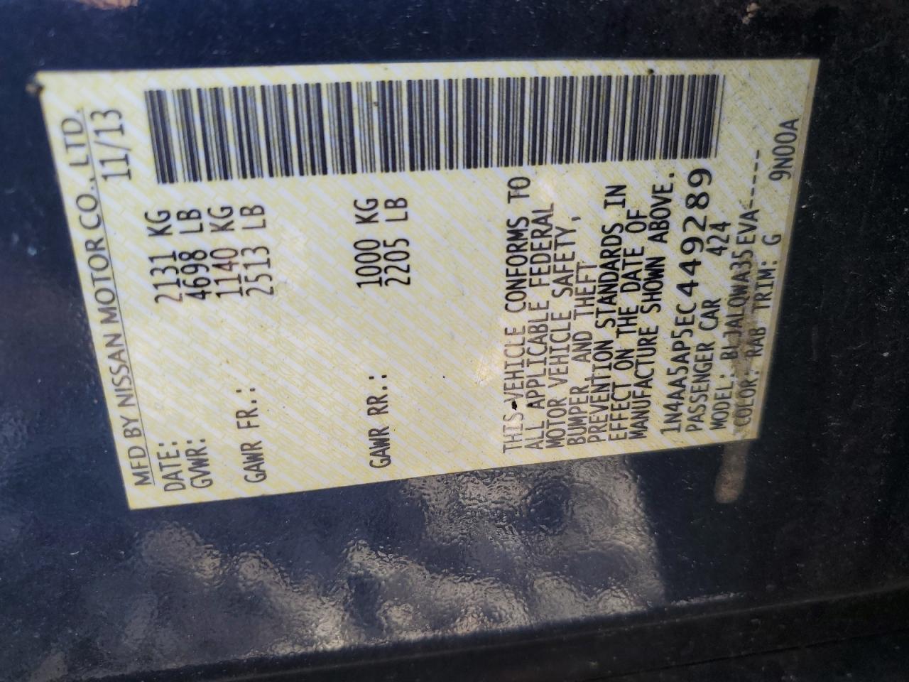 2014 Nissan Maxima S VIN: 1N4AA5AP5EC449289 Lot: 54516765