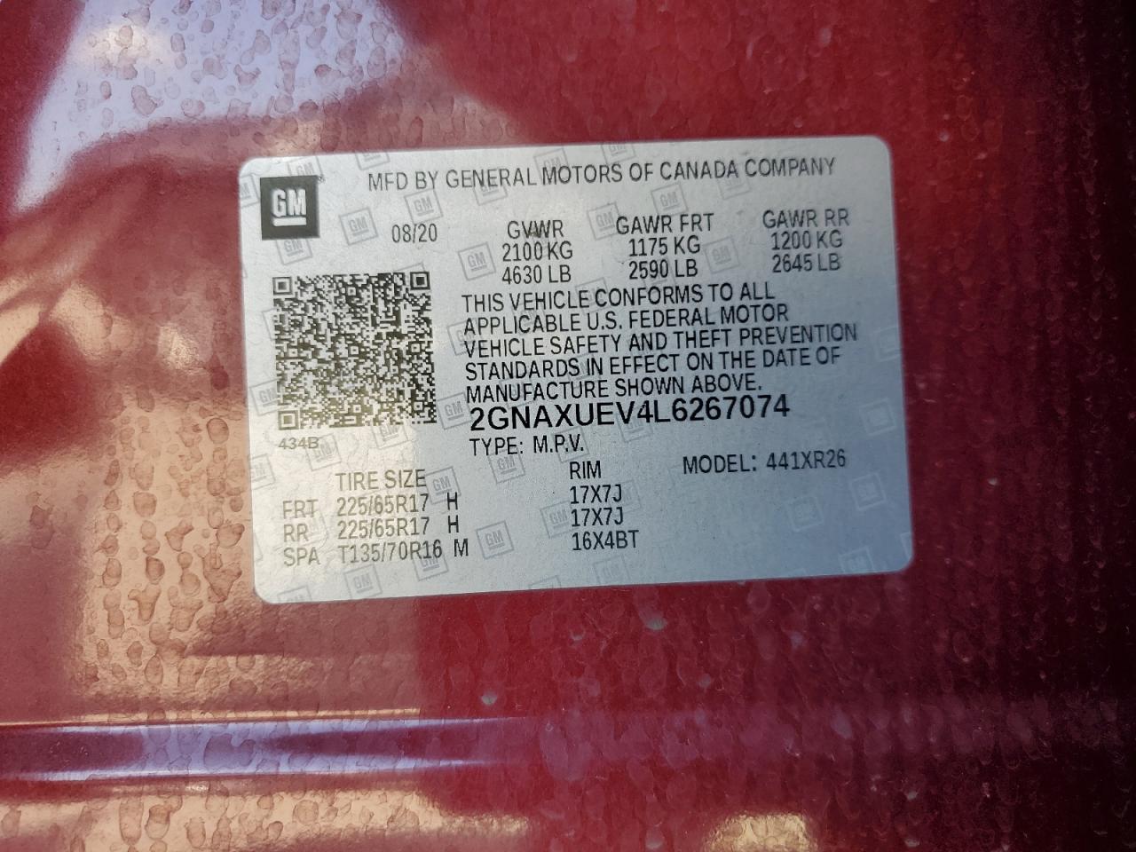 2020 Chevrolet Equinox Lt VIN: 2GNAXUEV4L6267074 Lot: 54244405