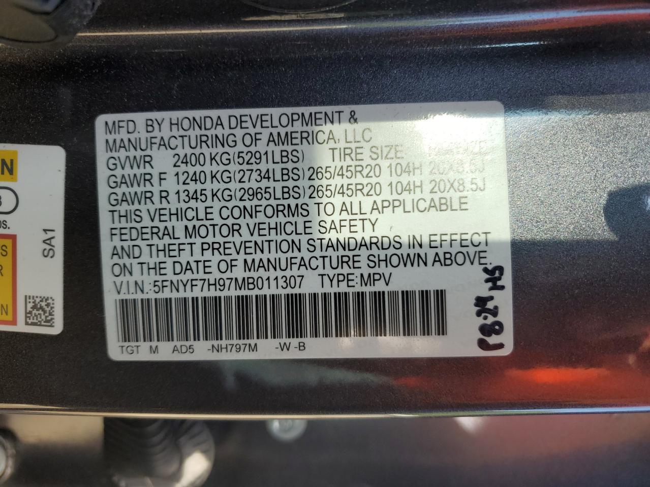 2021 Honda Passport Touring VIN: 5FNYF7H97MB011307 Lot: 52310415