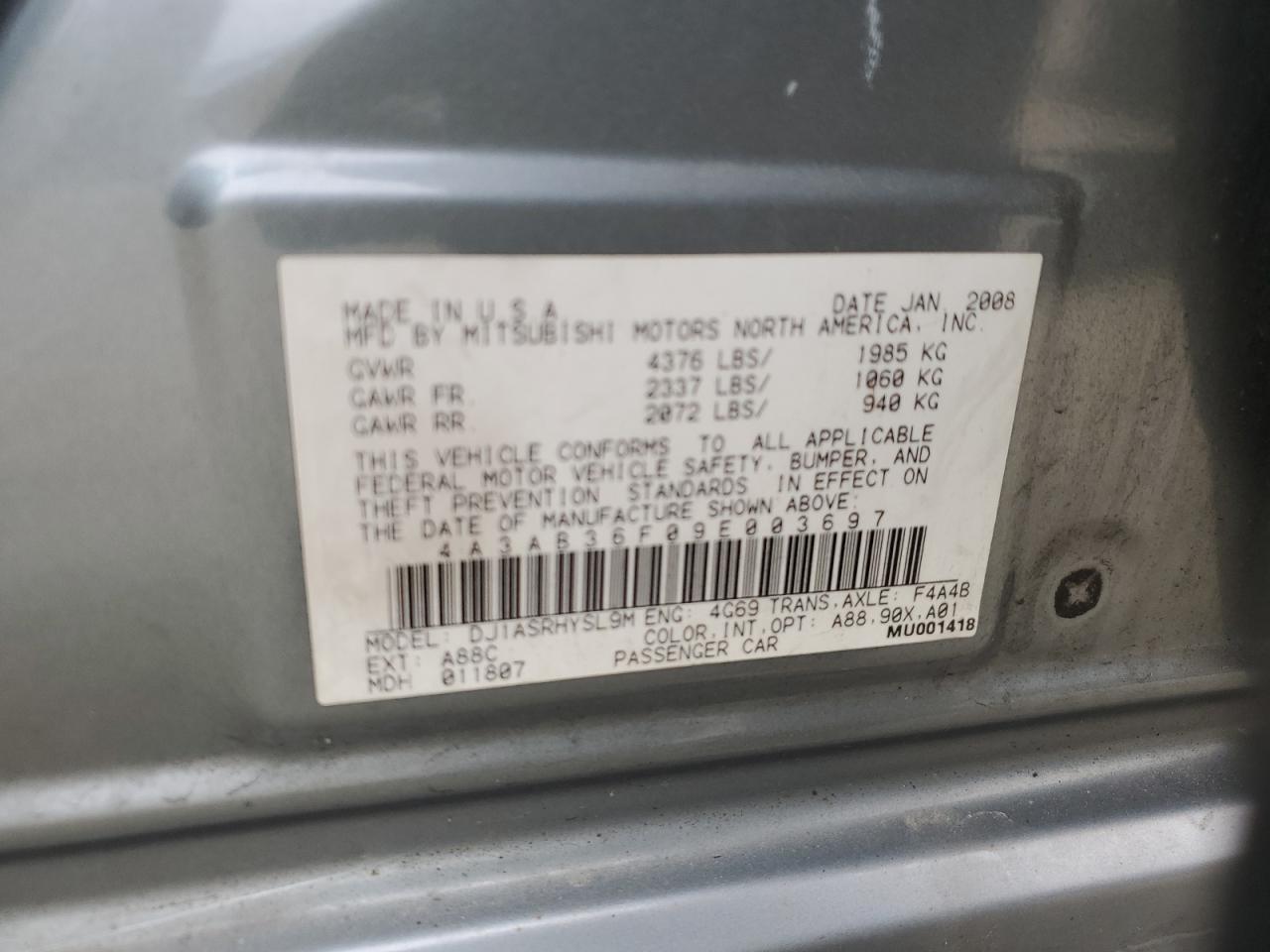 2009 Mitsubishi Galant Es VIN: 4A3AB36F09E003697 Lot: 53791815