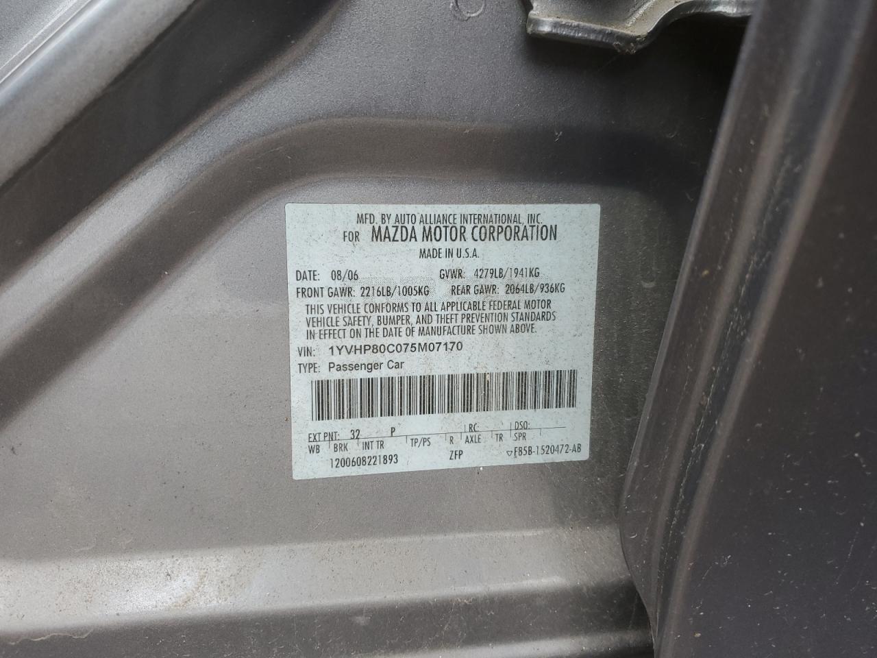 2007 Mazda 6 I VIN: 1YVHP80C075M07170 Lot: 53705675