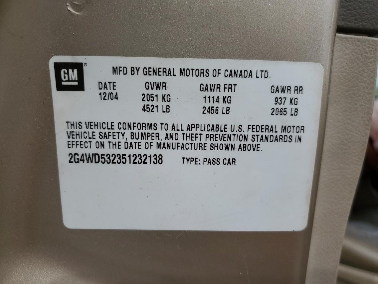 2005 Buick Lacrosse Cxl VIN: 2G4WD532351232138 Lot: 53446425