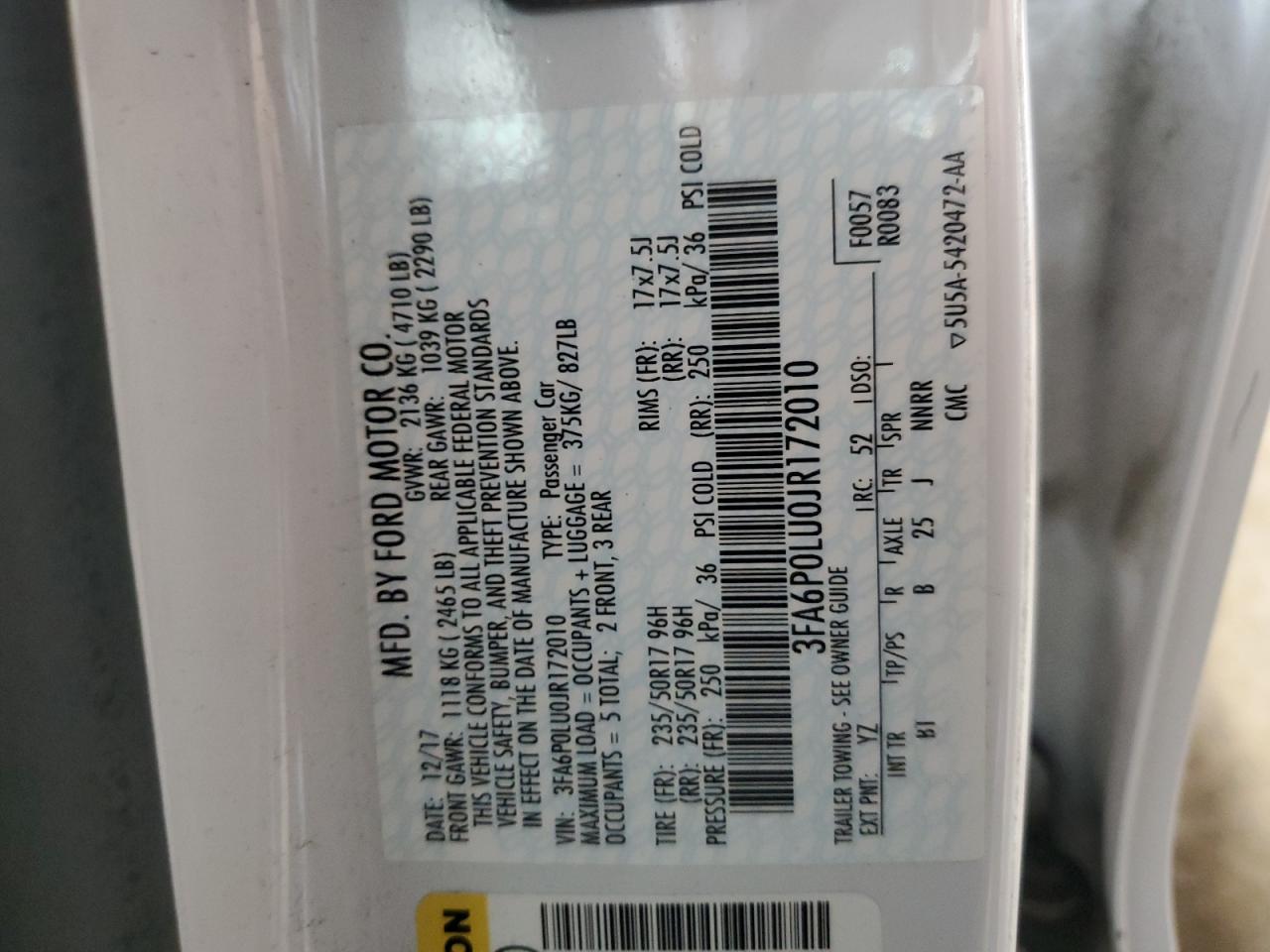 2018 Ford Fusion Se Hybrid VIN: 3FA6P0LU0JR172010 Lot: 54026555