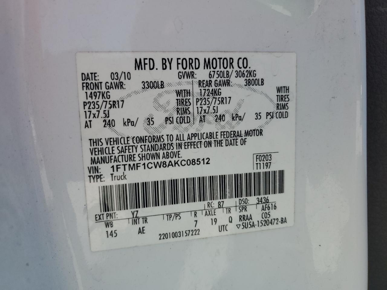 2010 Ford F150 VIN: 1FTMF1CW8AKC08512 Lot: 52294235