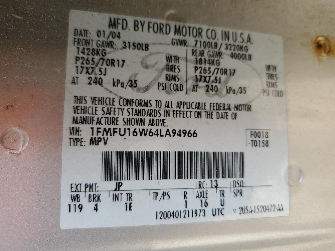 2004 Ford Expedition Xlt VIN: 1FMFU16W64LA94966 Lot: 54883235
