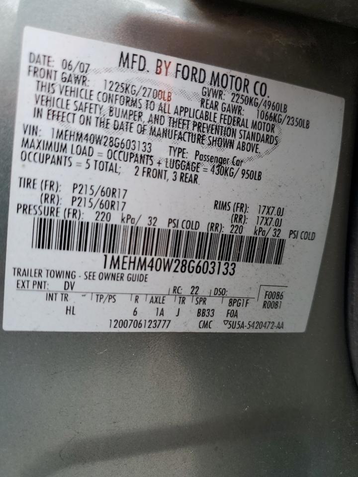 2008 Mercury Sable Luxury VIN: 1MEHM40W28G603133 Lot: 51578335