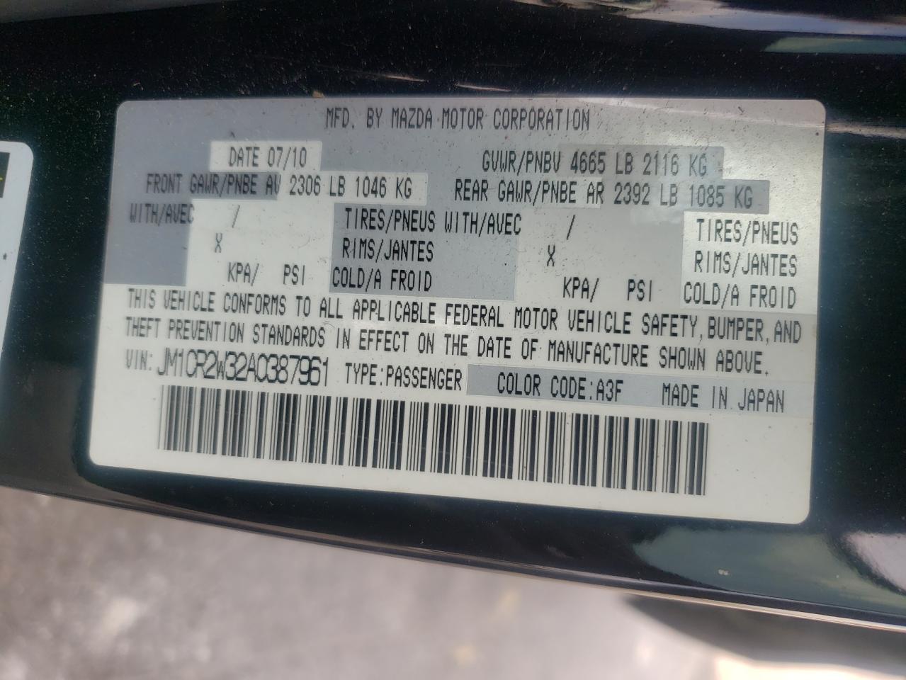 2010 Mazda 5 VIN: JM1CR2W32A0387961 Lot: 54692445