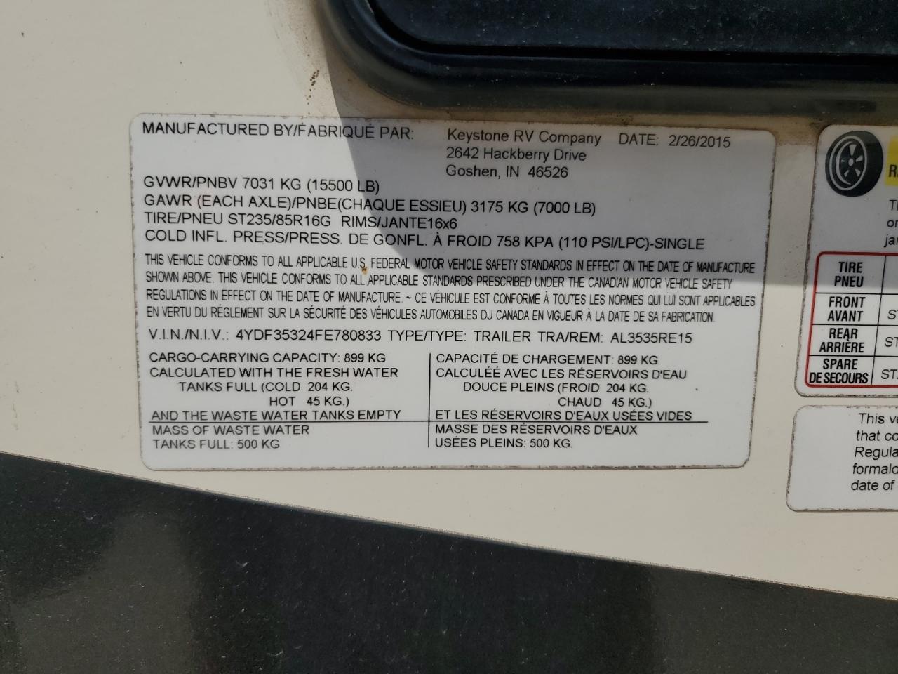 2015 Keystone Challenger Alpine VIN: 4YDF35324FE780833 Lot: 53799725