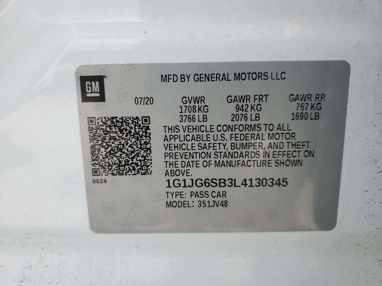 2020 Chevrolet Sonic VIN: 1G1JG6SB3L4130345 Lot: 52098025
