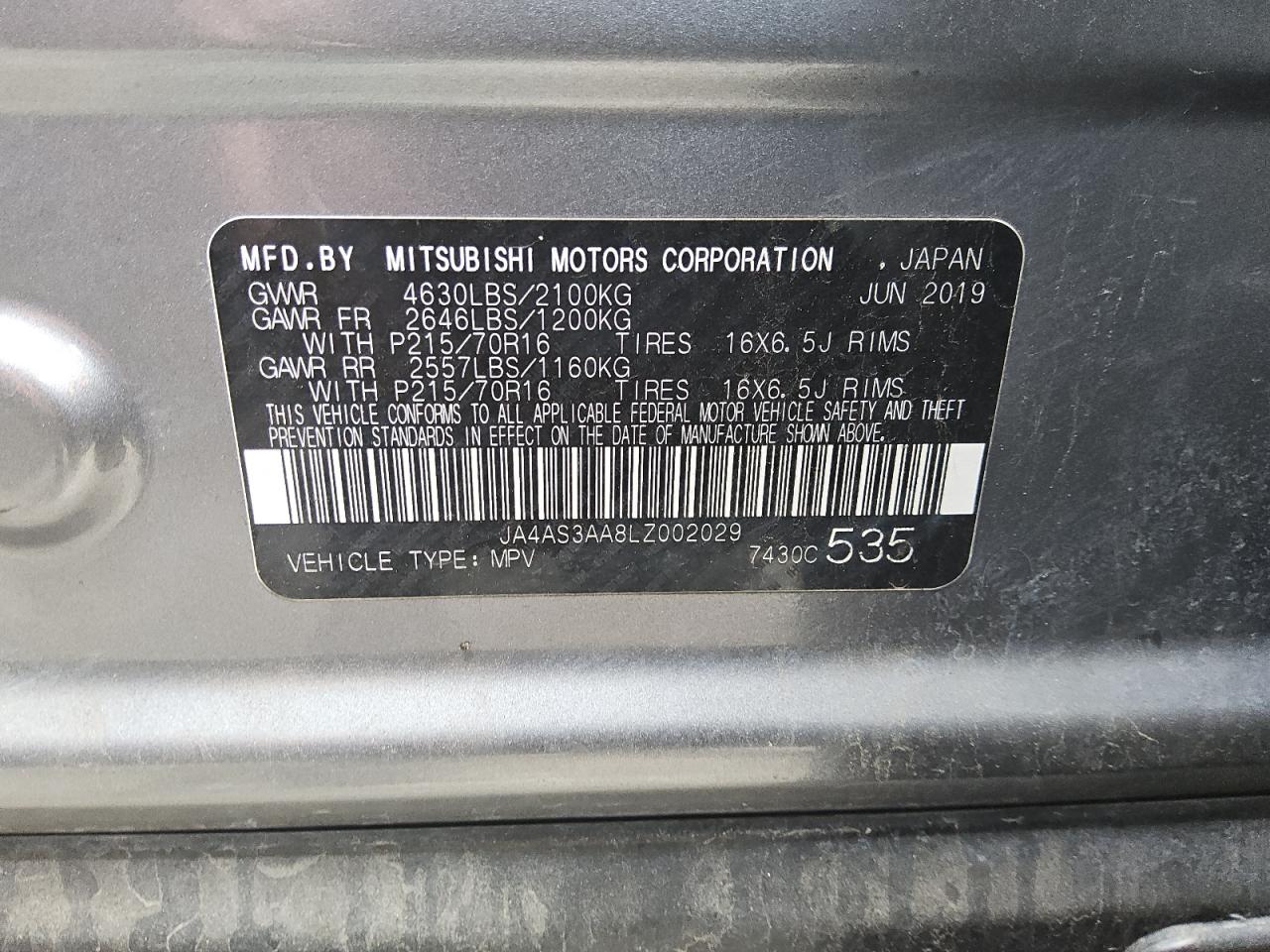 2020 Mitsubishi Eclipse Cross Es VIN: JA4AS3AA8LZ002029 Lot: 50024575