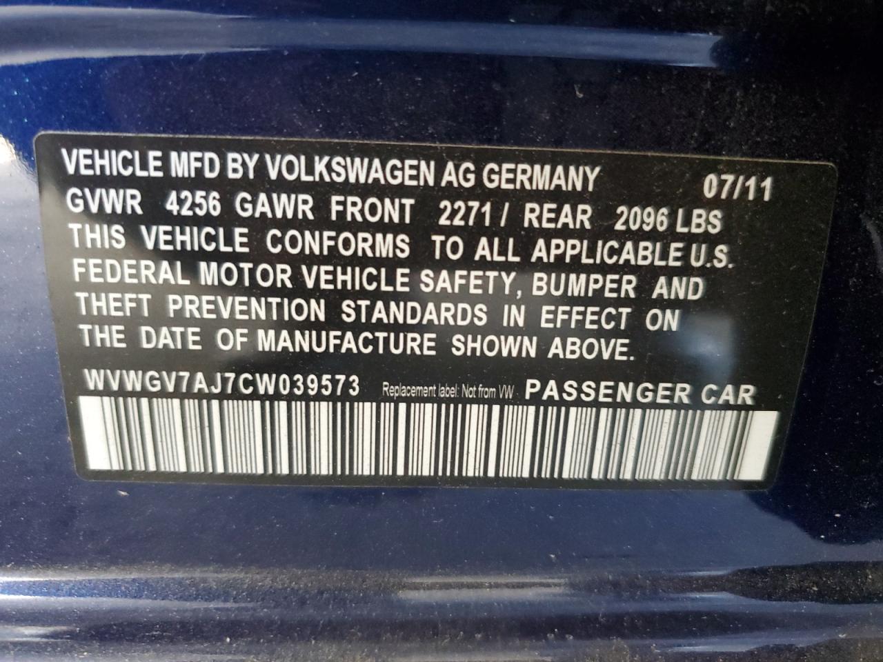 2012 Volkswagen Gti VIN: WVWGV7AJ7CW039573 Lot: 52460365