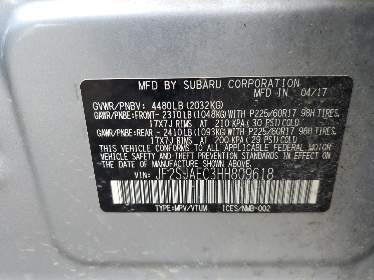 2017 Subaru Forester 2.5I Premium VIN: JF2SJAEC3HH809618 Lot: 51321635