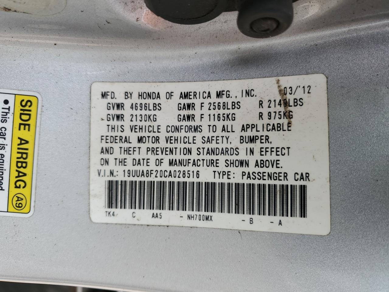 2012 Acura Tl VIN: 19UUA8F20CA028516 Lot: 52215635