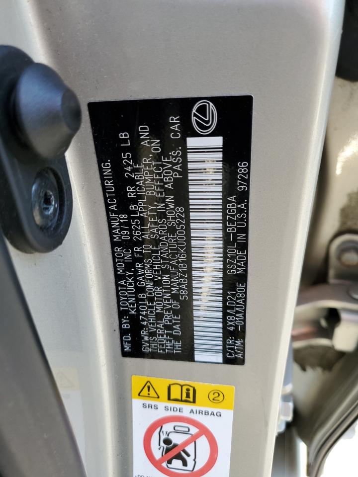 2019 Lexus Es 350 VIN: 58ABZ1B16KU005228 Lot: 52109465