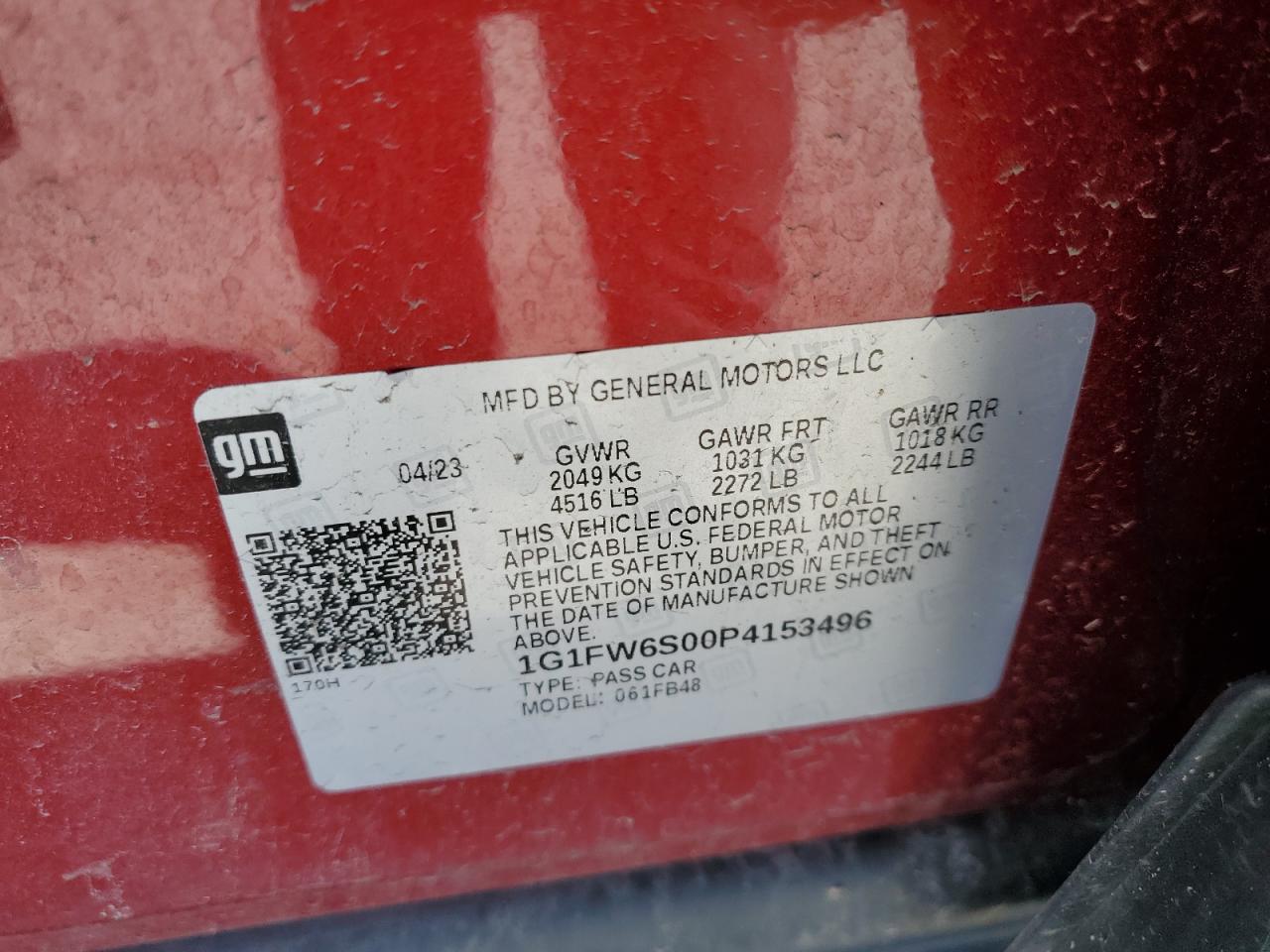 2023 Chevrolet Bolt Ev 1Lt VIN: 1G1FW6S00P4153496 Lot: 53339415