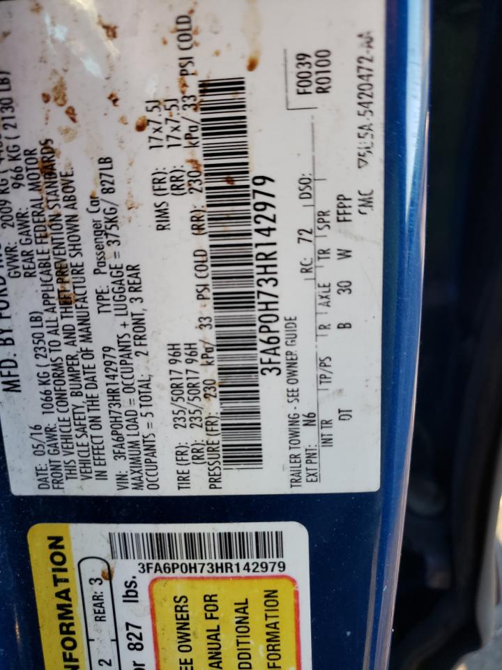 2017 Ford Fusion Se VIN: 3FA6P0H73HR142979 Lot: 54982755