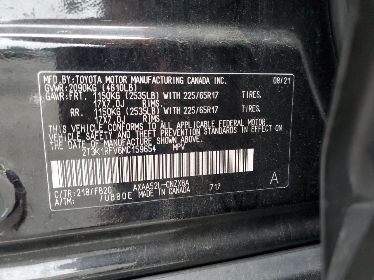 2021 Toyota Rav4 Le VIN: 2T3K1RFV6MC159654 Lot: 54349565