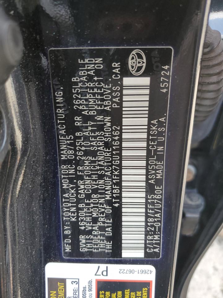 2016 Toyota Camry Le VIN: 4T1BF1FK7GU116462 Lot: 52341775