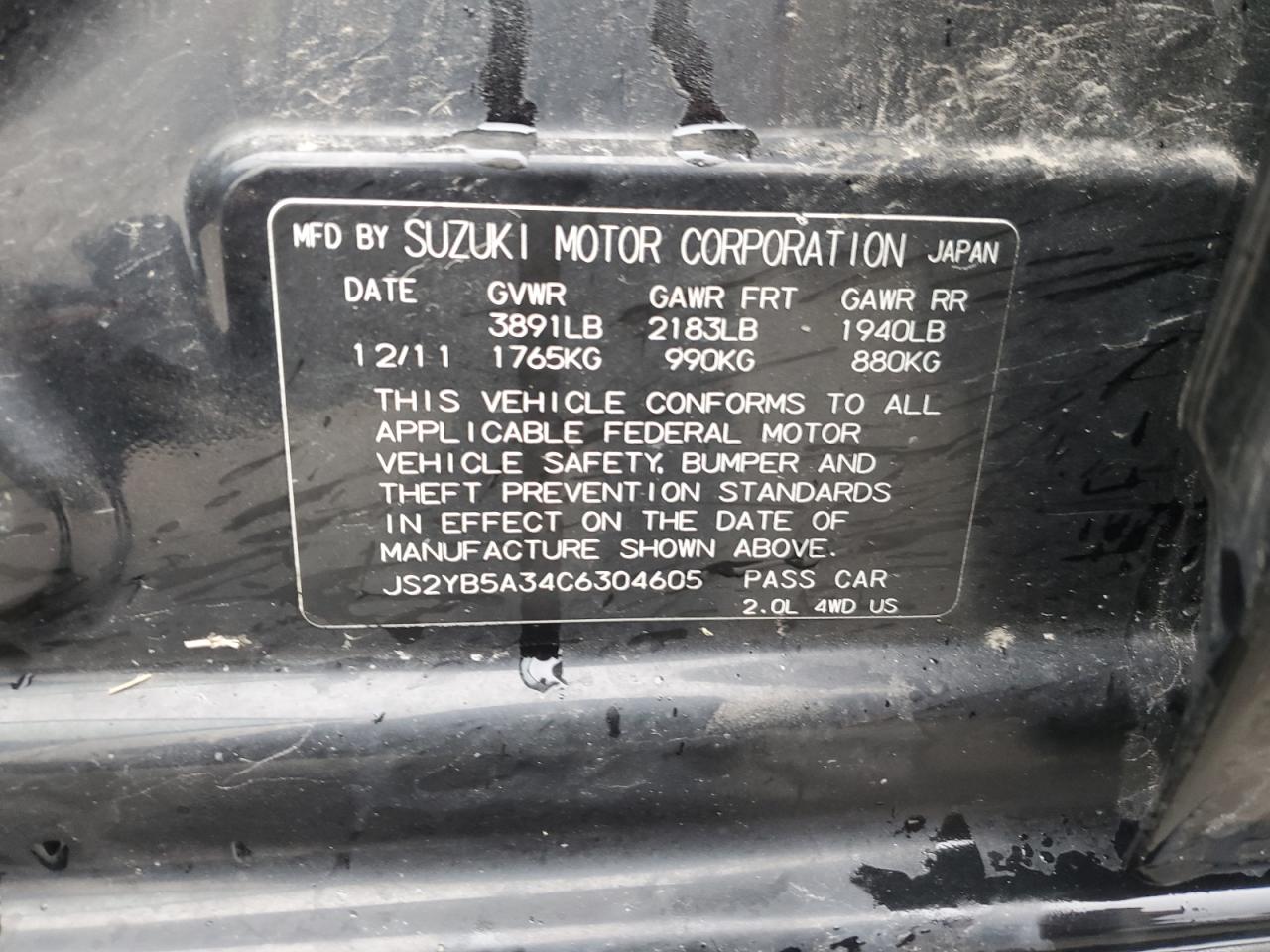 2012 Suzuki Sx4 VIN: JS2YB5A34C6304605 Lot: 53382005
