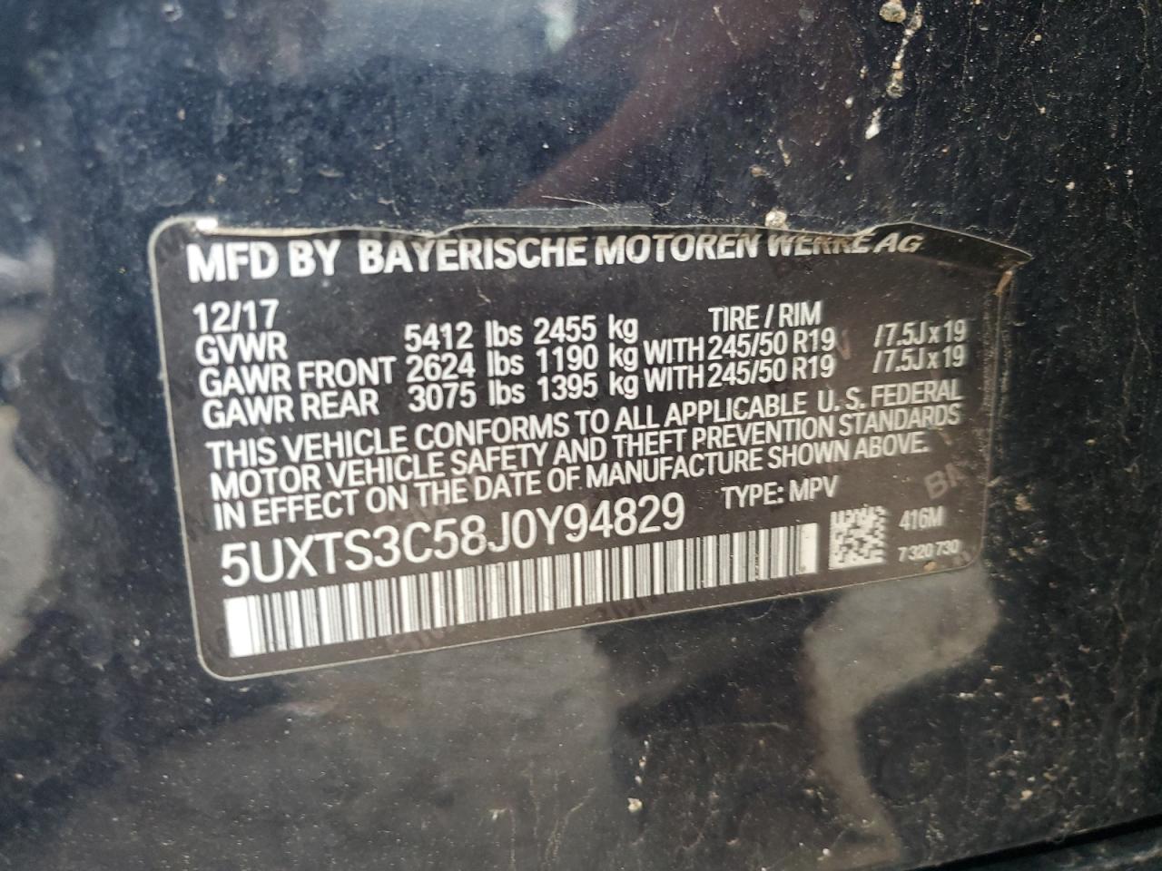 2018 BMW X3 xDrivem40I VIN: 5UXTS3C58J0Y94829 Lot: 53633135