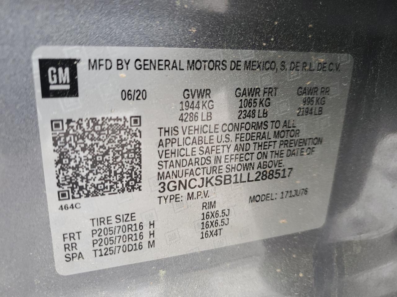 2020 Chevrolet Trax Ls VIN: 3GNCJKSB1LL288517 Lot: 51740725