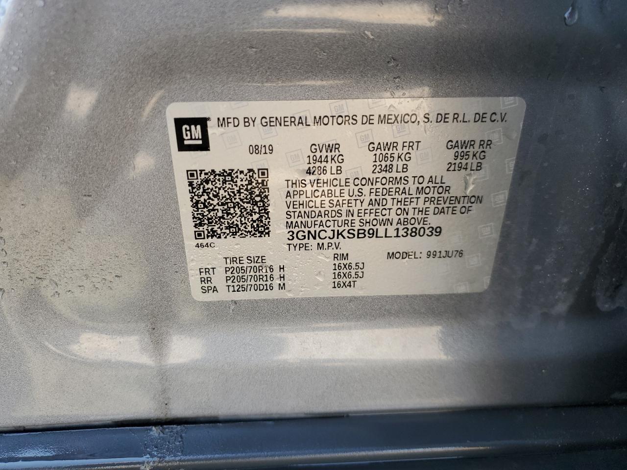 2020 Chevrolet Trax Ls VIN: 3GNCJKSB9LL138039 Lot: 54496465