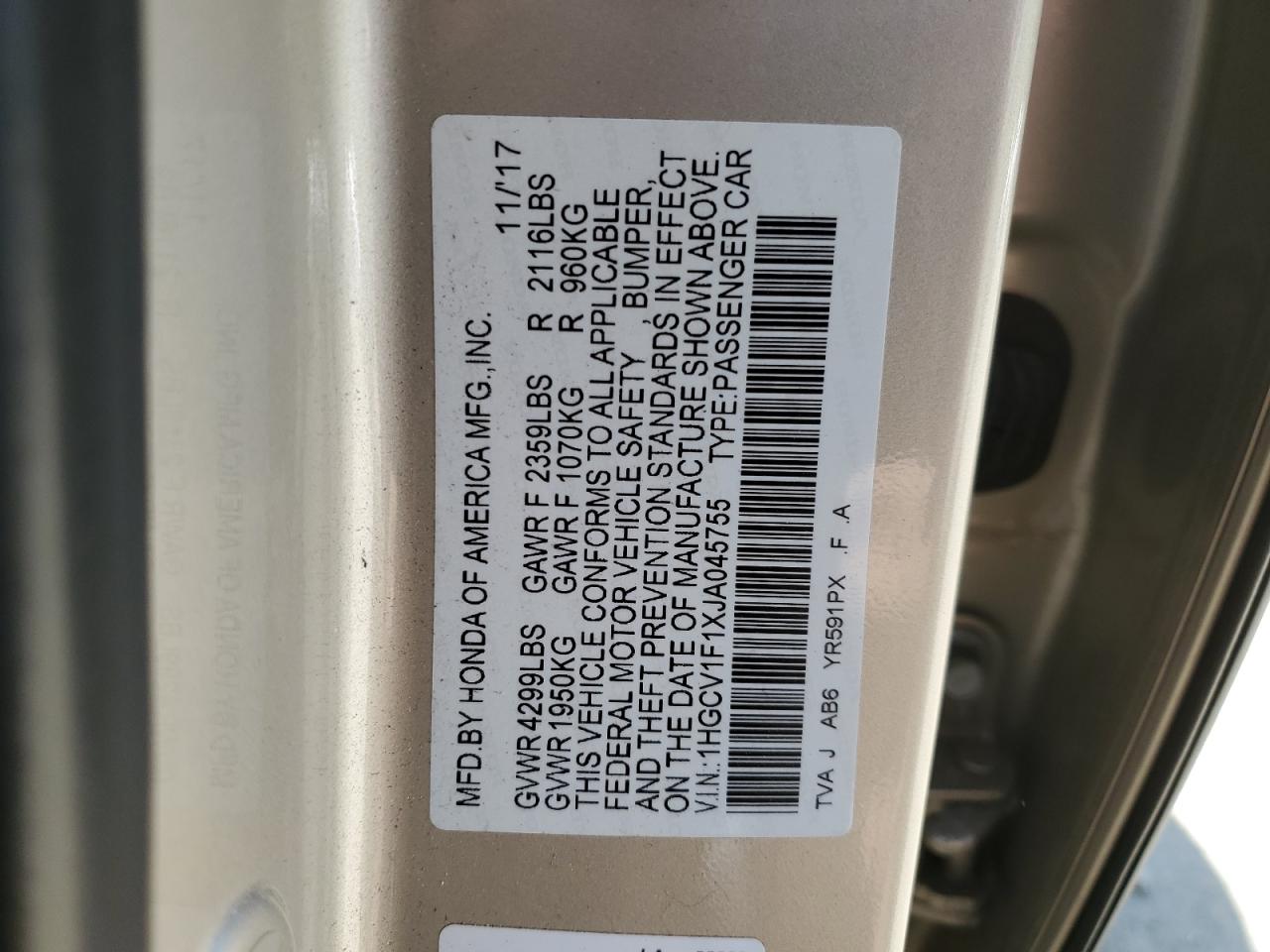 2018 Honda Accord Lx VIN: 1HGCV1F1XJA045755 Lot: 54716475