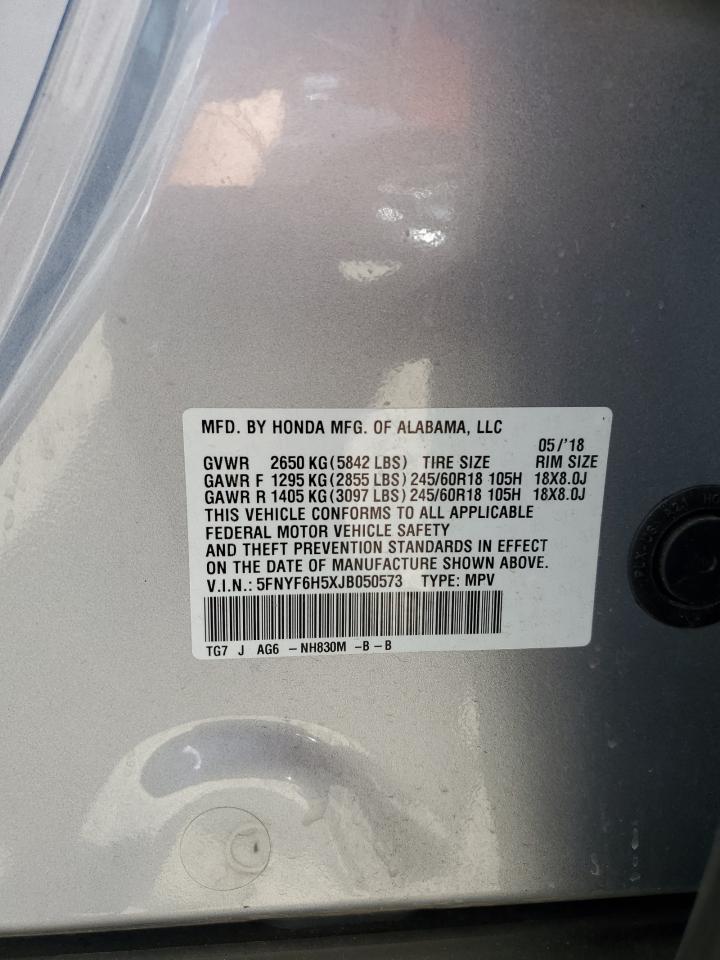 2018 Honda Pilot Exl VIN: 5FNYF6H5XJB050573 Lot: 52387035