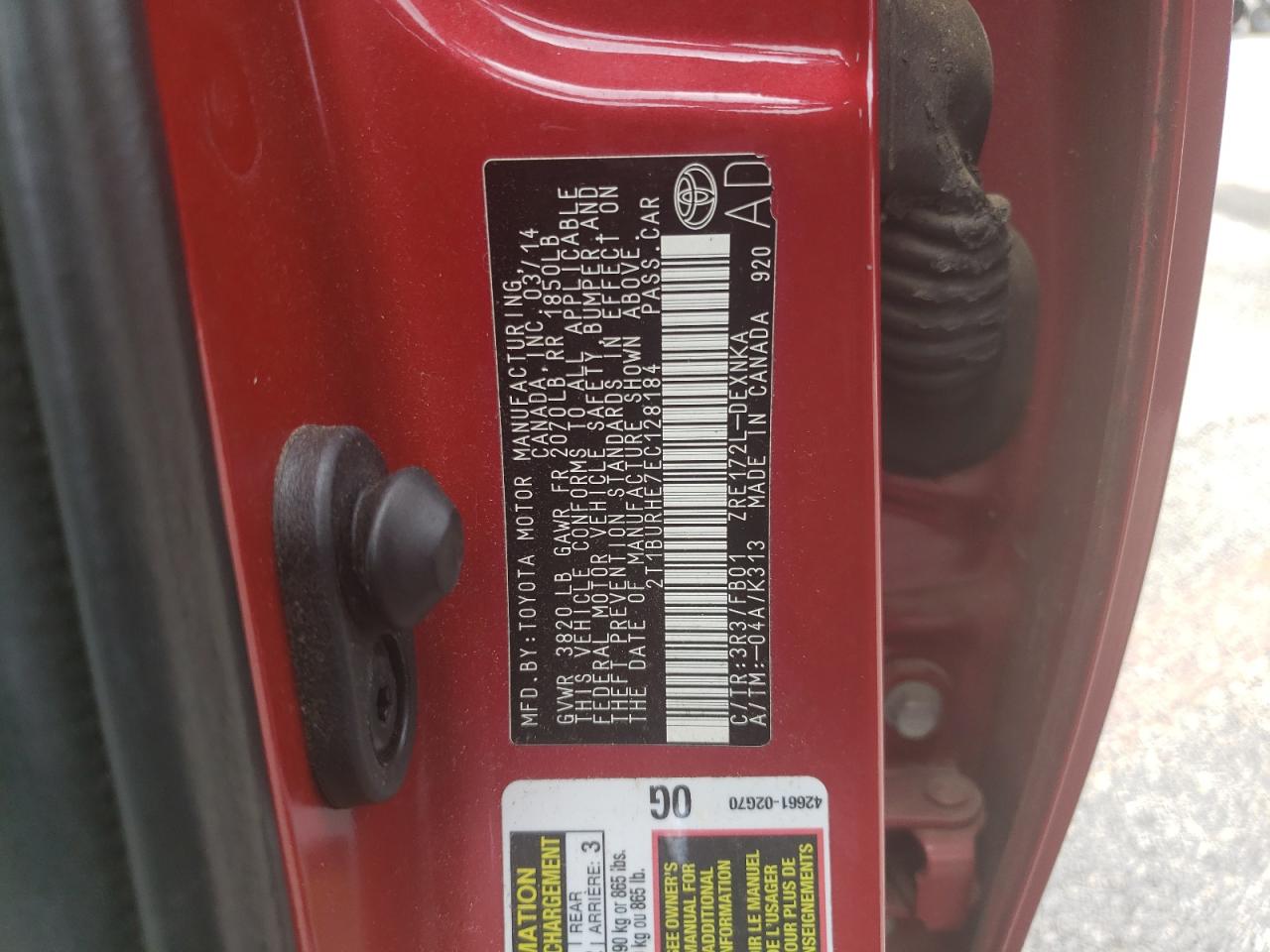 2014 Toyota Corolla L VIN: 2T1BURHE7EC128184 Lot: 54728655