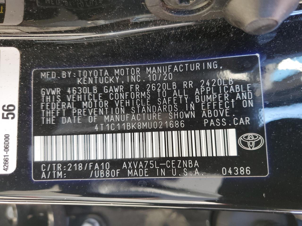 2021 Toyota Camry Le VIN: 4T1C11BK8MU021686 Lot: 54347415