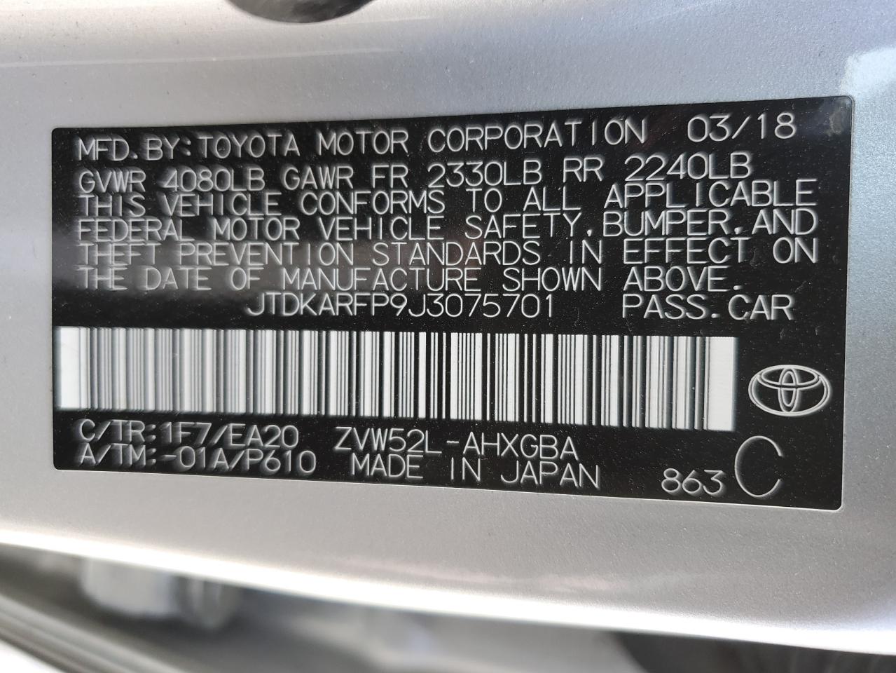 2018 Toyota Prius Prime VIN: JTDKARFP9J3075701 Lot: 53470045