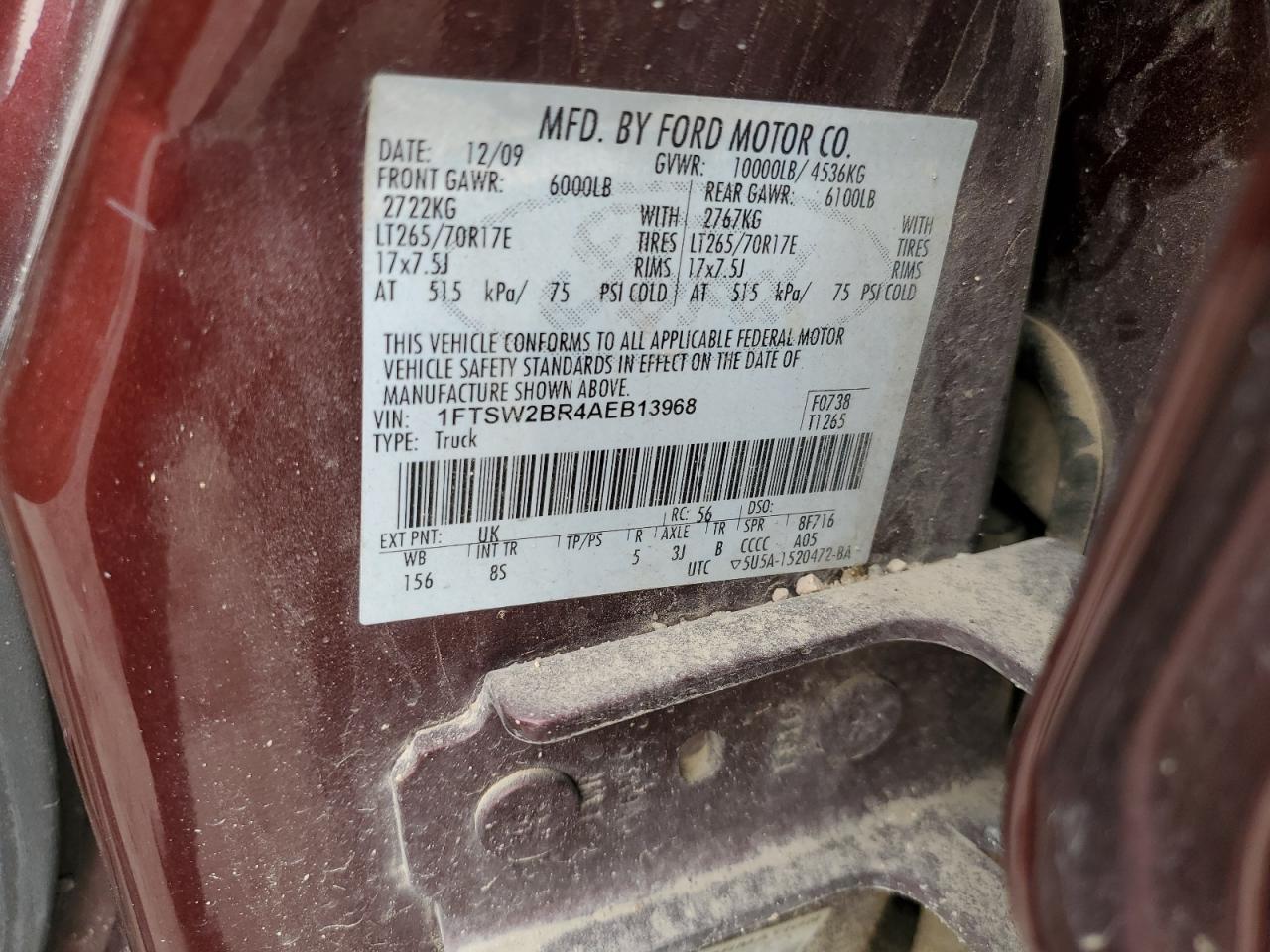 2010 Ford F250 Super Duty VIN: 1FTSW2BR4AEB13968 Lot: 53399785