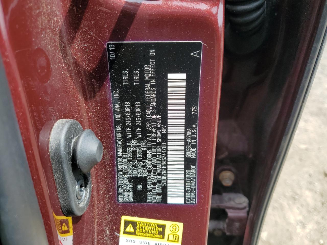 5TDBZRFH1KS741760 2019 Toyota Highlander Le