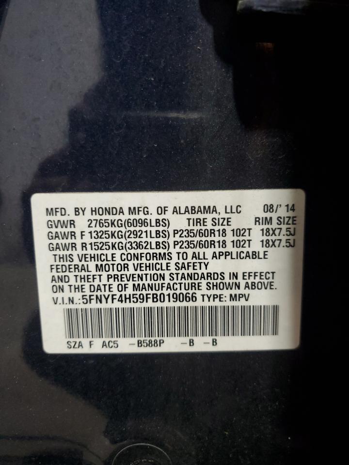 2015 Honda Pilot Exl VIN: 5FNYF4H59FB019066 Lot: 54788795