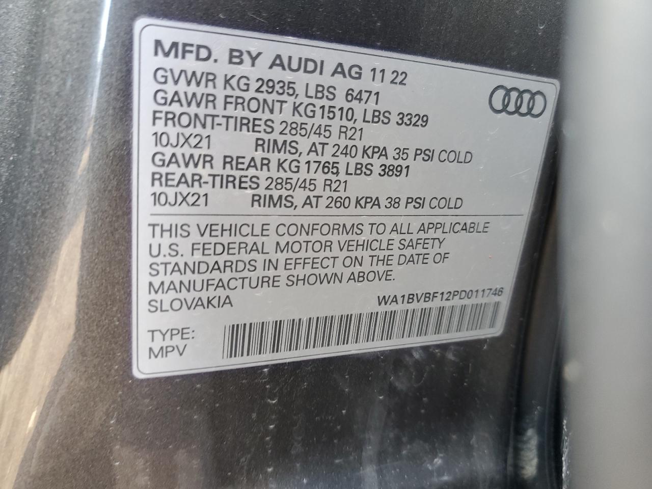 2023 Audi Q8 Premium Plus VIN: WA1BVBF12PD011746 Lot: 51333805