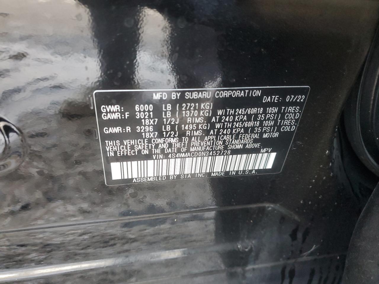 2022 Subaru Ascent Premium VIN: 4S4WMACD0N3452728 Lot: 51818325