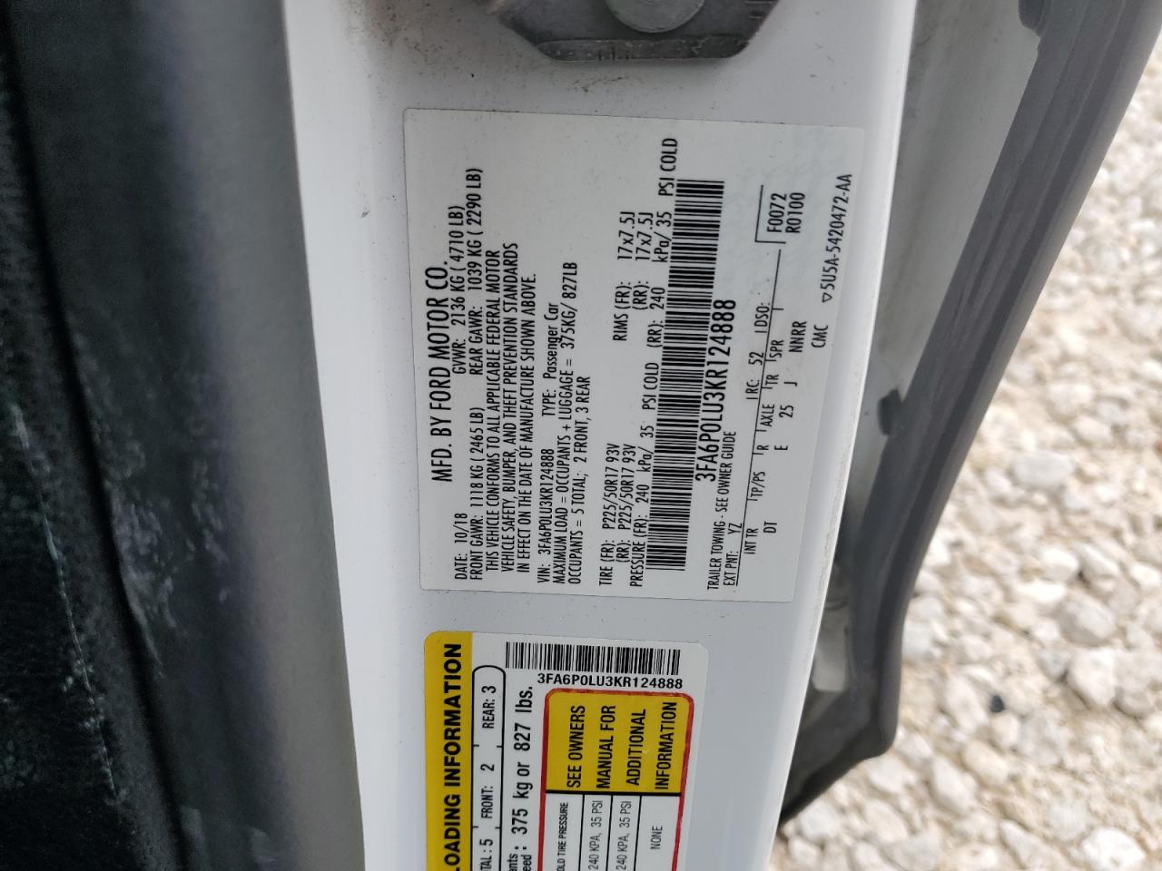 2019 Ford Fusion Se VIN: 3FA6P0LU3KR124888 Lot: 54043955